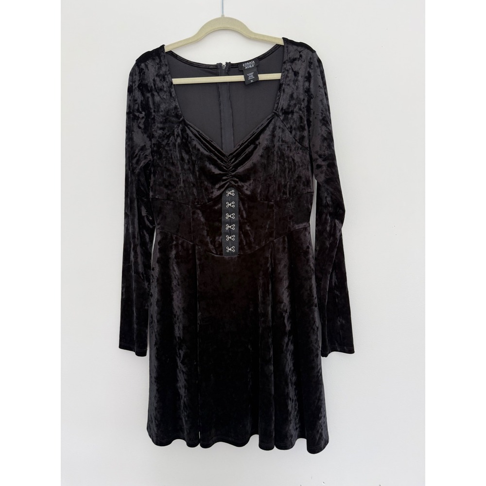 Black Crushed Velvet Long-Sleeve Corset Mini Dress Witchy Punk Goth Fairy Grunge